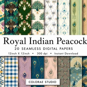 Royal Indian Peacock Seamless Digital Paper Bundle, Peacock Feather Patterns, Mughal Floral Papers, Jaipur Textile, Heritage JPG