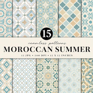 May include: A digital collection of 15 seamless patterns titled MOROCCAN SUMMER, featuring geometric and floral motifs in shades of teal, beige, and white. The text specifies 15 JPG files, 300 DPI, and dimensions of 12 x 12 inches.