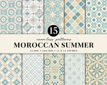 Moroccan Summer Seamless Pattern Bundle, Moroccan Tile Digital Paper, Blue Beige Geometric Pattern, Mediterranean Tile Design,