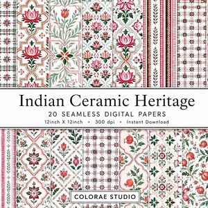 Może przedstawiać: Kolekcja 20 bezszwowych papierów cyfrowych zatytułowana Indian Ceramic Heritage, zawierająca powtarzające się wzory czerwonych granatów, różowych kwiatów lotosu i zielonych liści na białym tle, o wymiarach 30,48 cm na 30,48 cm przy 300 dpi.