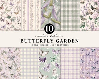 Butterfly Garden Seamless Pattern Bundle | Cottagecore Digital Paper | Lavender Floral Butterfly Pattern | Vintage Botanical Paper Pack