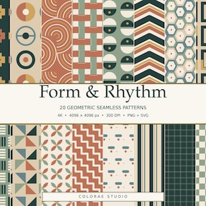 May include: A collection of 20 seamless geometric patterns titled Form & Rhythm, featuring diverse designs including arches, circles, chevrons, grids, and waves in a palette of terracotta, sage green, dark teal, and cream, presented as digital files.