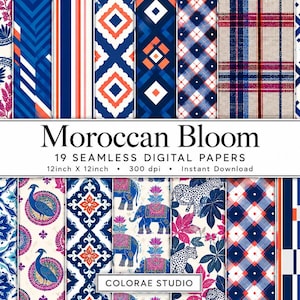 May include: A collection of 19 seamless digital papers titled Moroccan Bloom, each measuring 12 inches by 12 inches. The patterns feature diverse designs including geometric shapes, plaid, floral motifs, elephants, peacocks, and leopards in blue, orange, pink, and white.