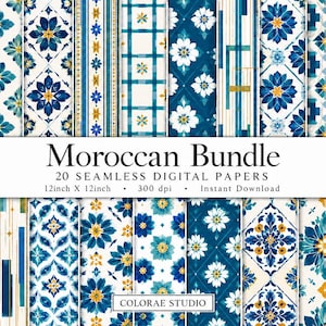 May include: A collection of 20 seamless digital papers titled Moroccan Bundle, featuring various blue, white, and yellow floral and geometric tile patterns. Each square design measures 30.48 cm by 30.48 cm at 300 dpi, presented as a grid.