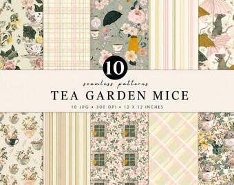 Tea Garden Mice Seamless Pattern Bundle | Cottagecore Digital Paper | Tea Party Mouse Pattern | Vintage Floral Scrapbook Paper