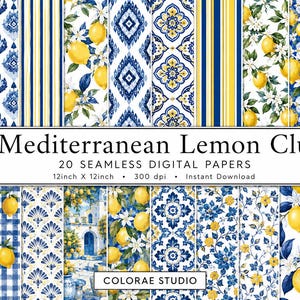 Può includere: Una collezione di 20 carte digitali senza cuciture intitolata Mediterranean Lemon Club, con motivi di limoni gialli, fiori bianchi, piastrelle blu e bianche, strisce e quadretti vichy, ciascuna di 30,48 cm per 30,48 cm a 300 dpi.