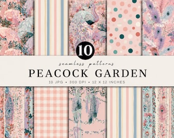 Peacock Garden Digital Paper Bundle, Seamless Peacock Patterns, Pink Pastel Scrapbook Paper, Grandmillennial Printable Paper