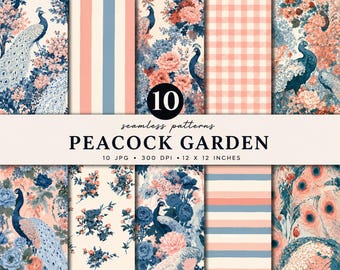Peacock Garden Seamless Pattern Bundle | Blue Pink Floral Digital Paper | Romantic Peacock Patterns | Cottagecore Scrapbook Paper