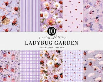 Ladybug Seamless Pattern Bundle, Lavender Cottagecore Digital Paper, Ladybug Floral Scrapbook Paper, Purple Gingham Pattern
