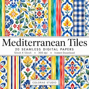May include: A collection of 20 seamless digital papers featuring Mediterranean Tiles patterns in blue, yellow, red, and green. The text reads Mediterranean Tiles, 20 SEAMLESS DIGITAL PAPERS, 12inch X 12inch, 300 dpi, Instant Download, and COLORAE STUDIO.