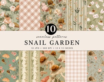Vintage Garden Seamless Pattern Bundle, Snail Pattern Digital Paper, Cottagecore Floral Scrapbook Paper, 12x12 JPG