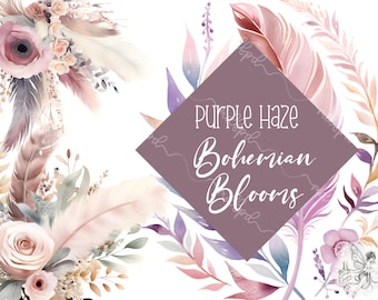 Purple Watercolor Flower Bouquet Clipart: Boho Feather PNG (Digital Download)