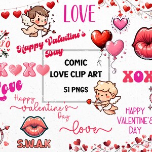 Comic Love Clip Art: clip art de San Valentín ilustrado cómico, pngs ilustrados de San Valentín, clip art de San Valentín de dibujos animados, fondos transparentes.