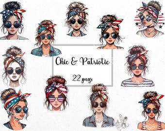 Patriotic Messy Bun Girls Clip Art: USA Bandana PNG Graphics