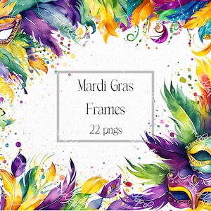 May include: A set of 22 digital watercolor Mardi Gras frames featuring colorful feathers, beads, and masks. The frames are perfect for adding a festive touch to your Mardi Gras designs.