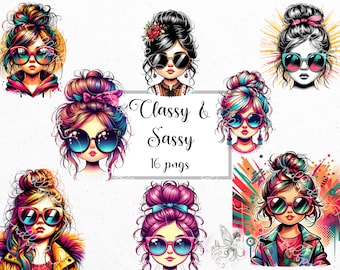 Classy & Sassy: cute girl with messy bun and sunglasses clip art, cute girl with messy bun and sunglasses png, digital download.