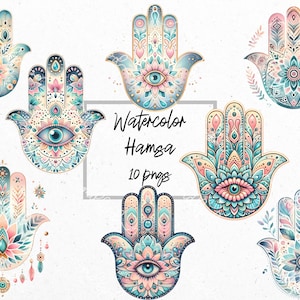 May include: Set of ten watercolor hamsa hand illustrations in various colors and patterns, including blue, pink, and gold. Each hamsa hand features a stylized eye in the center.