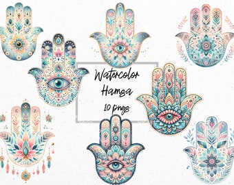 Watercolor Hamsa Hands: Hamsa Hands clip art, Hamsa Hands pngs, watercolor style with transparent backgrounds.