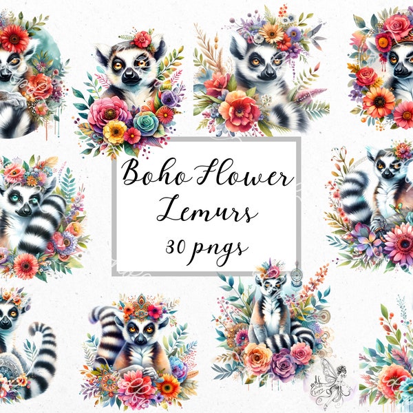 Boho Flower Lemurs: Bohemian style Lemurs and flowers clip art, bohemian style Lemurs and flowers pngs, digital download