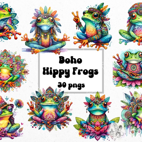 Boho Hippy Frogs: Imágenes prediseñadas de rana hippy, pngs de rana hippy, imágenes de rana hippy, gráficos de rana hippy, descarga digital, fondos transparentes