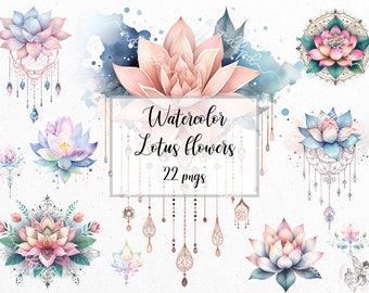 Clipart di fiori di loto ad acquerello: 22 grafiche PNG (download digitale)