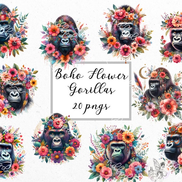 Boho Flower Gorillas: Bohemian style gorillas and flowers clip art, bohemian style gorillas and flowers graphics, digital download.