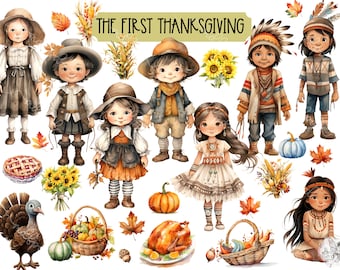 The First Thanksgiving:  First Thanksgiving clipart, pilgrims, Indian clipart fall pumpkin leaves sunflowers corn transparent background png