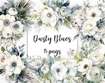 Dusty Blue Flower Bouquet Clip Art: Elegant PNG Set (Digital Download)