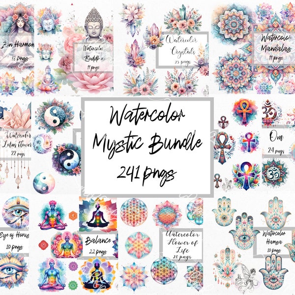 Watercolor Mystic Bundle: Watercolor Mystic Bundle clip art, lotus flower, Eye of Horus, Yin Yang, pngs, Buddha, crystals, mandalas clip art