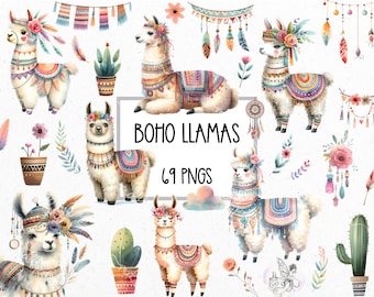 Lamas bohèmes : clipart de lama de style bohème, pngs de lama de style bohème, clipart éléments boho, arrière-plans transparents, téléchargement numérique