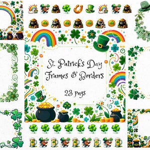 May include: A set of 23 St. Patrick's Day frames and borders featuring shamrocks, rainbows, pots of gold, leprechauns, and other festive elements.