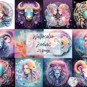 Zodíaco de acuarela: imágenes prediseñadas del zodíaco de acuarela, pngs del zodíaco de acuarela, imágenes prediseñadas de signos del zodíaco, pngs místicos y de astrología.