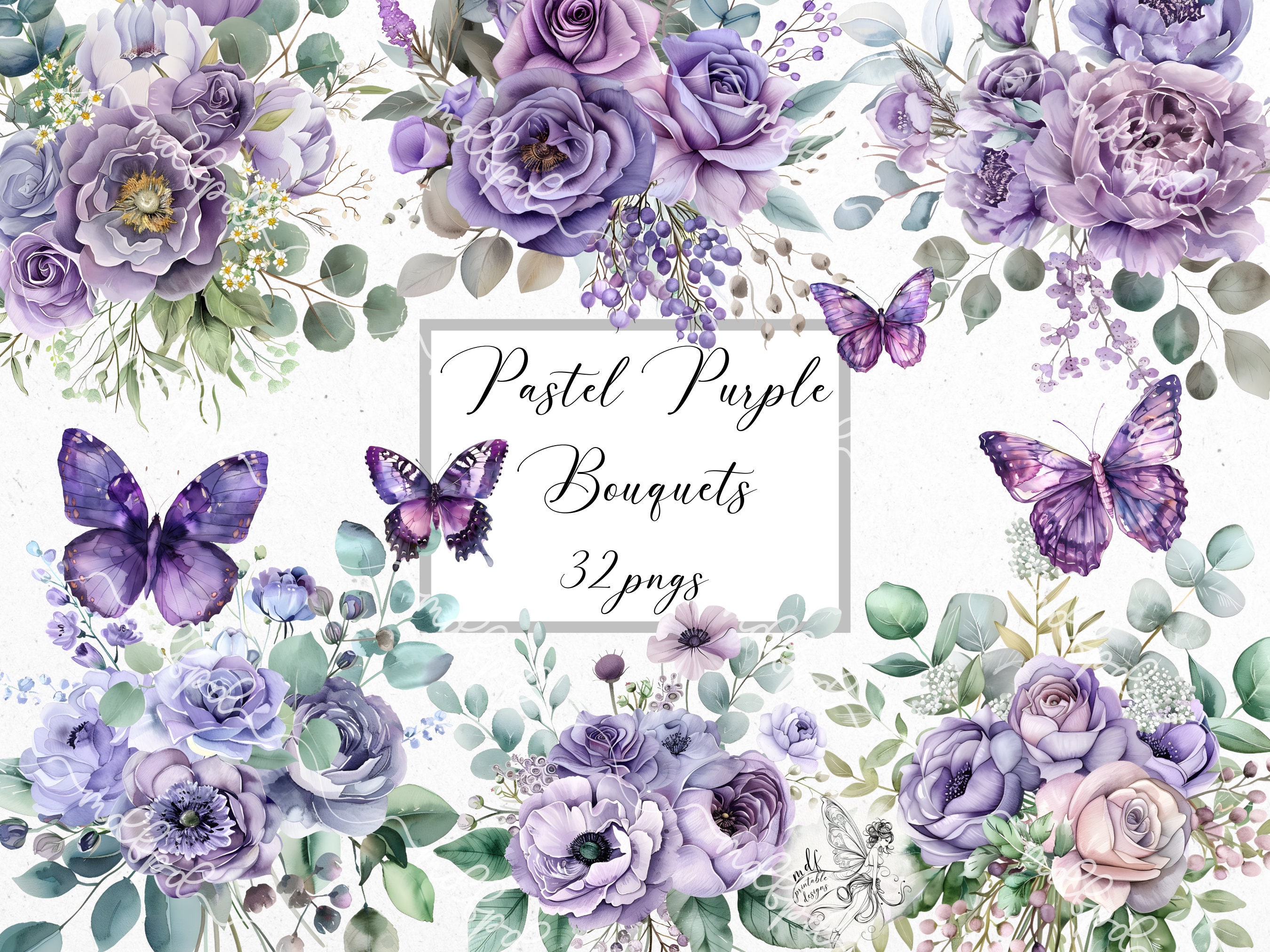 Pastel Purple Flower Bouquets Clip Art: Butterfly PNGs (Digital Download)