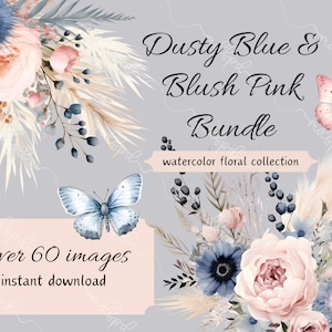 Clipart di bouquet floreali blu e rosa dell'acquerello, png di bouquet floreali Boho, pampa, piume, clip art di farfalle, sfondi trasparenti