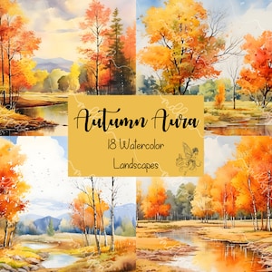 Autumn Aura: Watercolor Autumn landscape scene clipart, autumn fall clipart, fall scenery png, instant download.