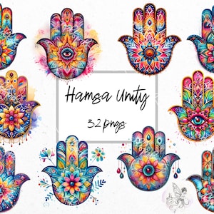Peut inclure: Un ensemble de huit motifs de main de hamsa colorés avec des détails complexes et des arrière-plans aquarelle. Les motifs présentent une variété de couleurs, notamment le bleu, le vert, le rouge, le jaune et le violet. La main de hamsa est un symbole de protection et de bonne chance dans de nombreuses cultures.