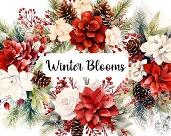 Winter Blooms: watercolor winter flower bouquets clipart, winter flower clipart, watercolor flower clipart, png, transparent backgrounds.