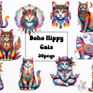 Boho Hippy Cats : clipart de chats de style boho hippie, graphiques de chats de style boho hippie, téléchargement numérique. arrière-plans transparents.