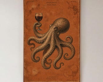 Octopus Wine Glass Canvas Print, Vintage Nautical Wall Art, Rust Kitchen Bar Decor