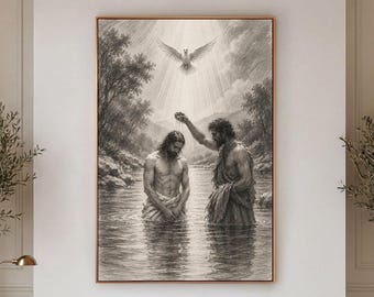 May include: A large rectangular wall art print featuring a monochromatic charcoal-style illustration of a baptism scene in a river, with a dove descending from above, displayed in a frame centered on a white wall above a cream-colored sofa.