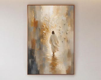 Modern Christian Canvas Print, Jesus Angel Wings Wall Art, Neutral Living Room Decor