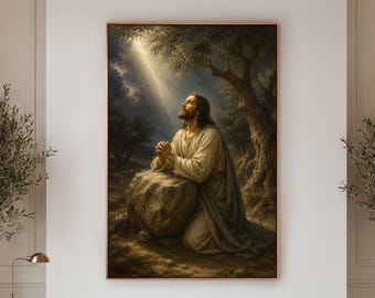 Jesus Praying in Gethsemane Canvas Print, Christian Wall Art, Prayer Room Decor