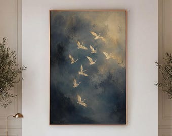 Gold Cranes Canvas Print, Navy Blue Japandi Wall Art, Luxury Bedroom Decor