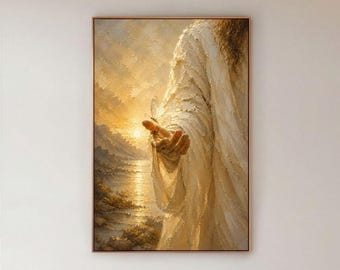 Butterfly on Hand Canvas Print, Christian Sunrise Wall Art, Neutral Bedroom Decor