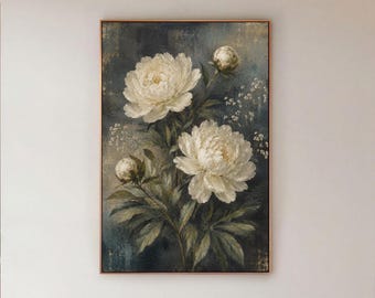 Cream Peony Canvas Print, Antique Blue Floral Wall Art, Farmhouse Bedroom Decor