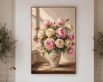 Pink Peony Canvas Print, Roses Vase Window Wall Art, Romantic Bedroom Decor