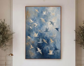 Flying Birds Canvas Print, Blue Gold Abstract Wall Art, Coastal Bedroom Decor