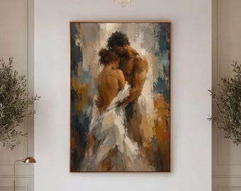 Embracing Couple Canvas Print, Teal Gold Wall Art, Modern Romantic Bedroom Decor