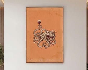 Funny Octopus Canvas Print, Antique Sea Creature Wall Art, Dining Room Wine Decor