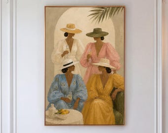 Women in Hats Canvas Print, Champagne Ladies Wall Art, Boho Living Room Decor